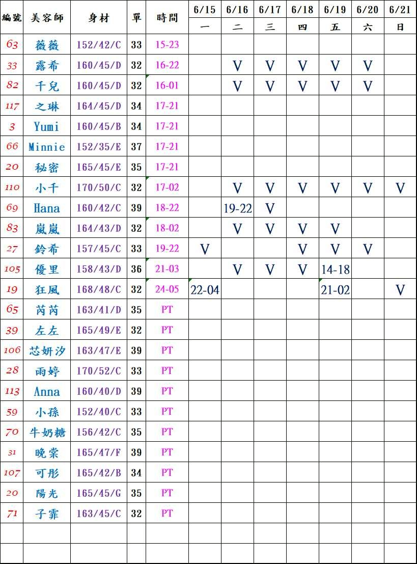 11館(樂鑽) 舒壓班表｜本周排班 2026/06/15~2026/6/21 第1張