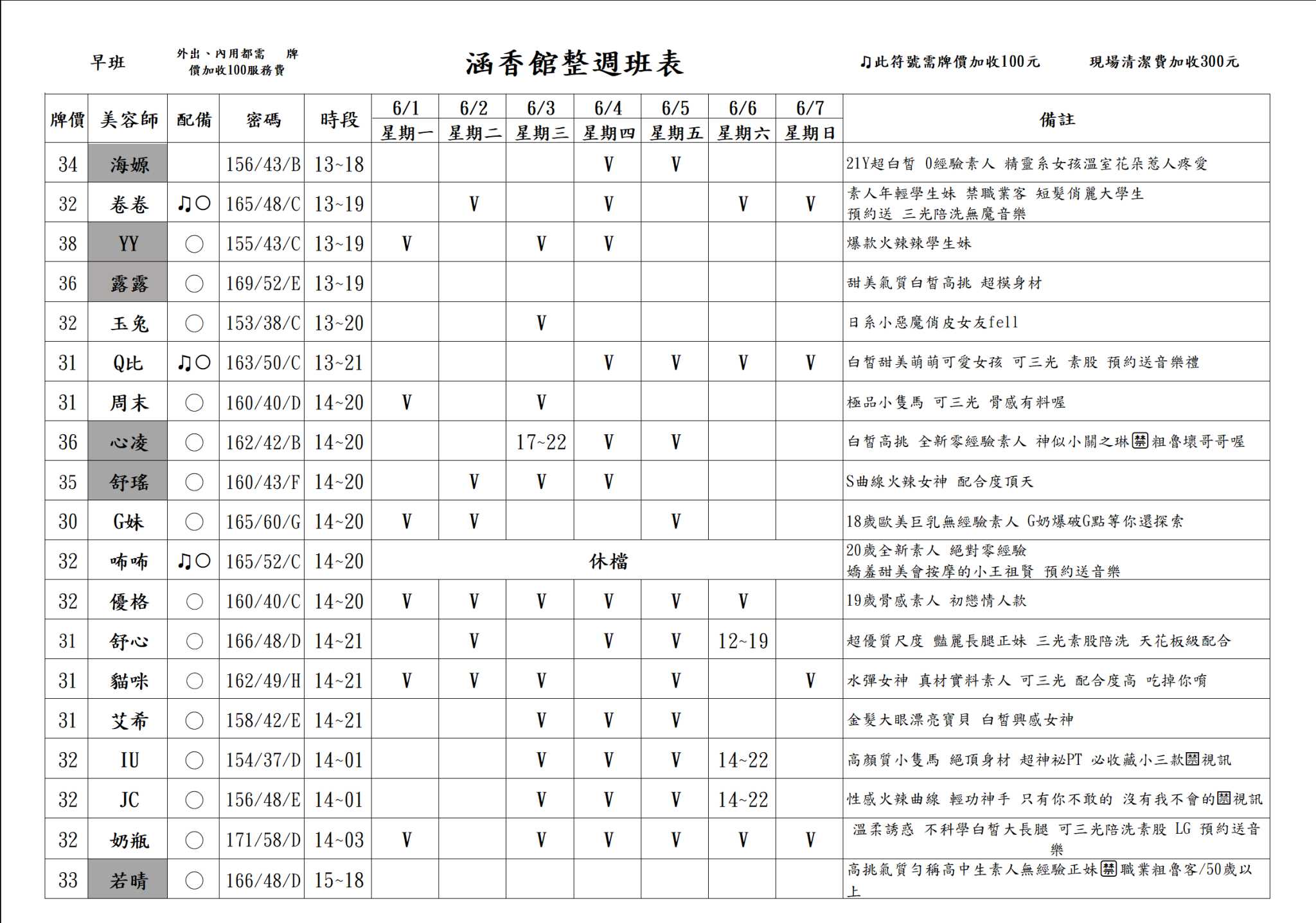 13館(含香) 舒壓班表｜本周排班 2026/06/01~2026/6/7 第6張