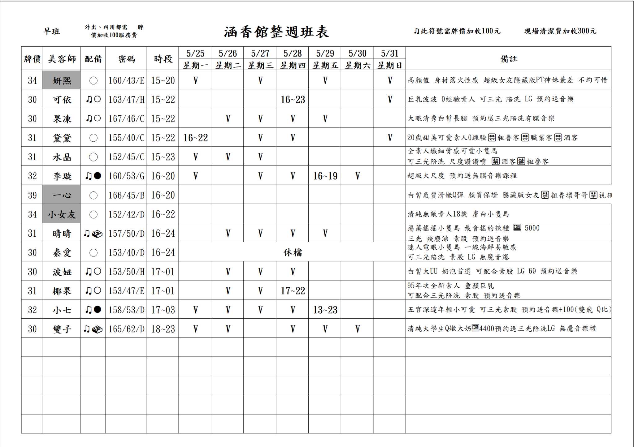 13館(含香) 舒壓班表｜本周排班 2026/05/25~2026/5/31 第1張