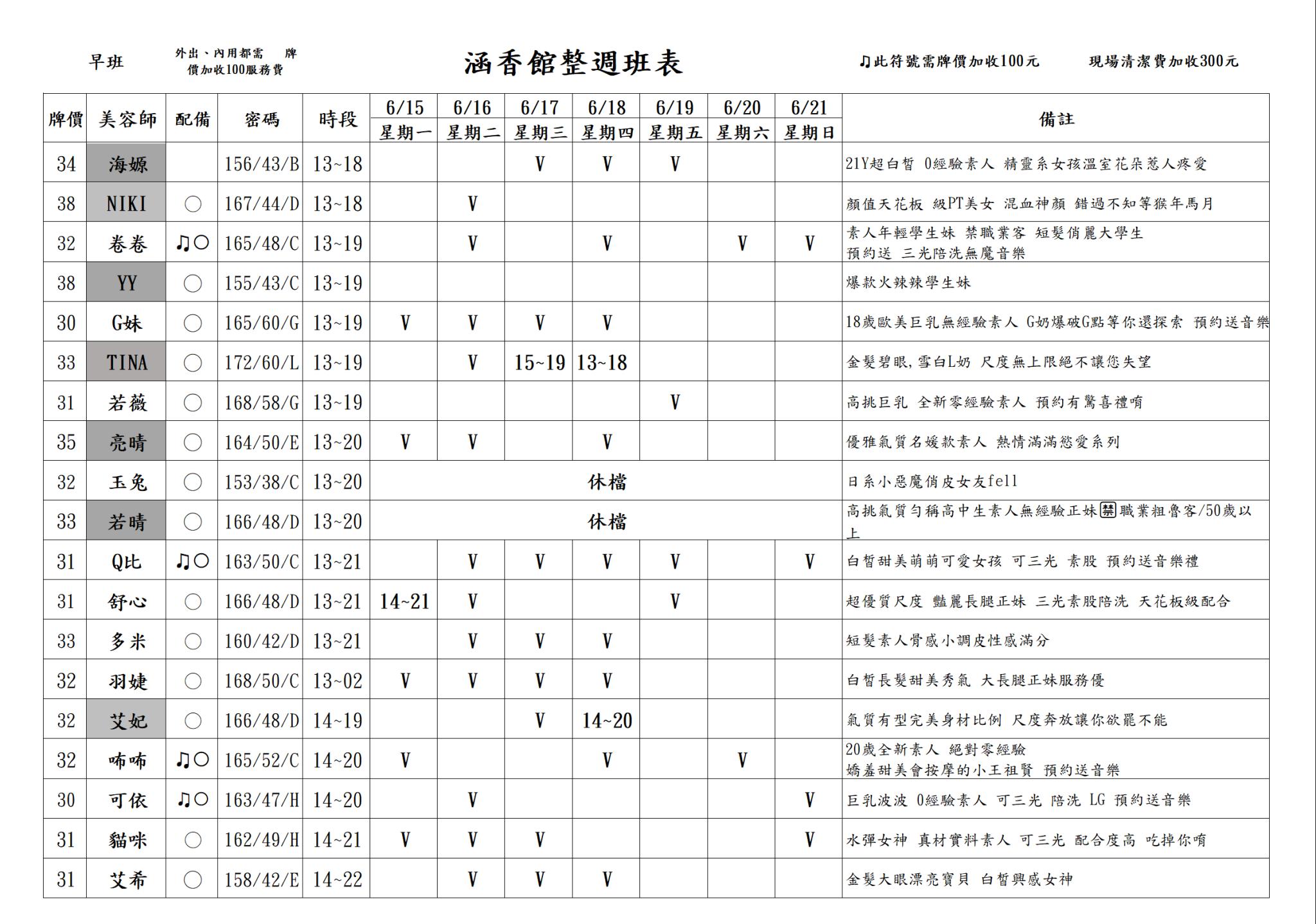 13館(含香) 舒壓班表｜本周排班 2026/06/15~2026/6/21 第2張