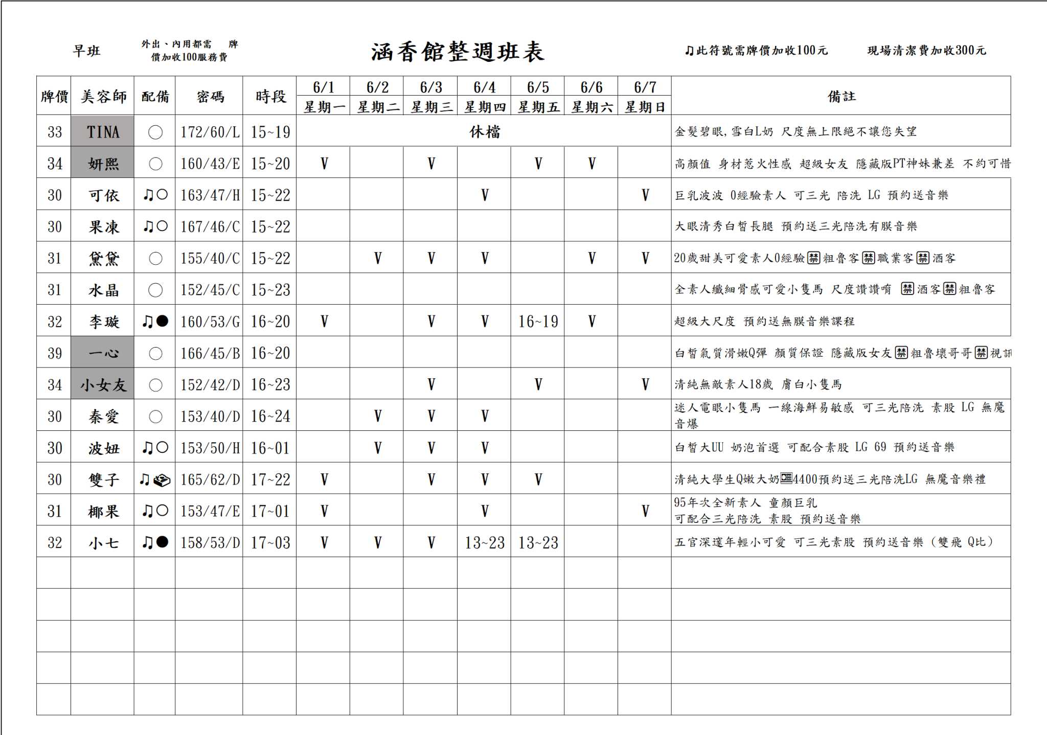 13館(含香) 舒壓班表｜本周排班 2026/06/01~2026/6/7 第5張