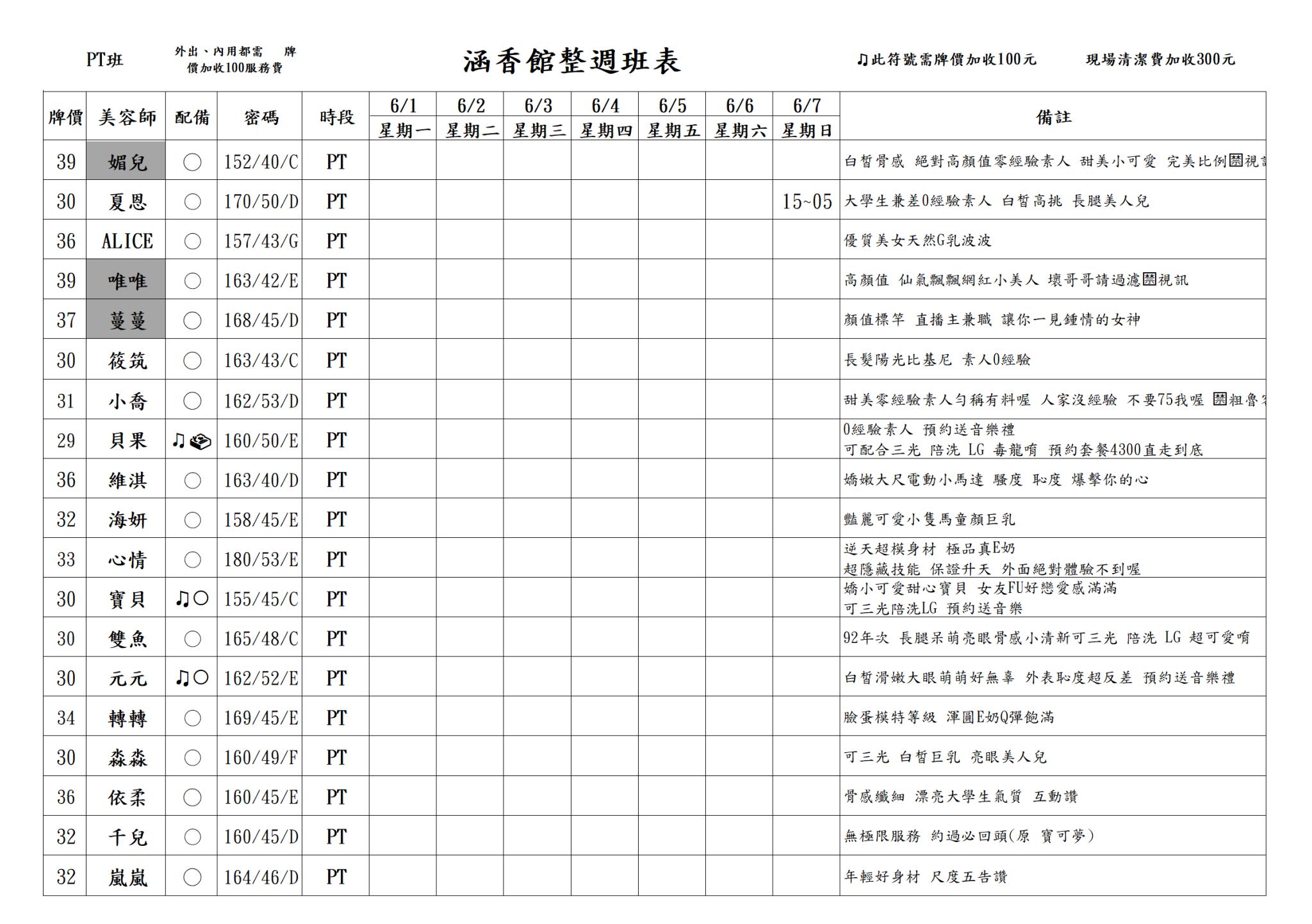 13館(含香) 舒壓班表｜本周排班 2026/06/01~2026/6/7 第2張