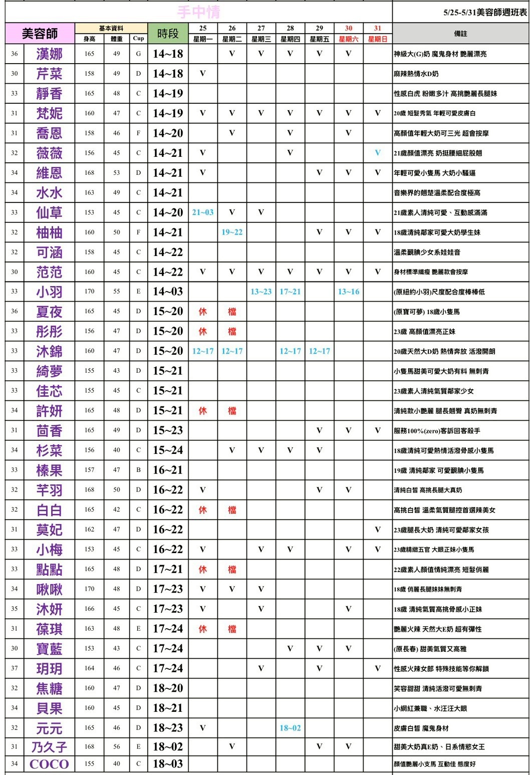16館(手中情) 舒壓班表｜本周排班 2026/05/25~2026/5/31 第3張