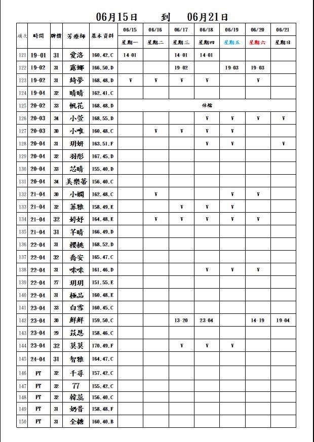 18館(夏威夷) 舒壓班表｜本周排班 2026/06/15~2026/6/21 第5張