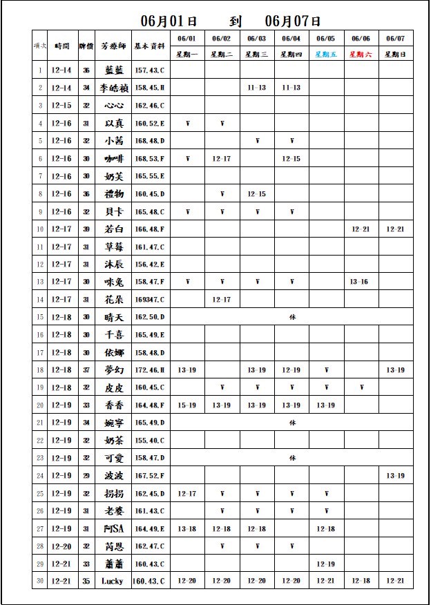 18館(夏威夷) 舒壓班表｜本周排班 2026/06/01~2026/6/7 第1張