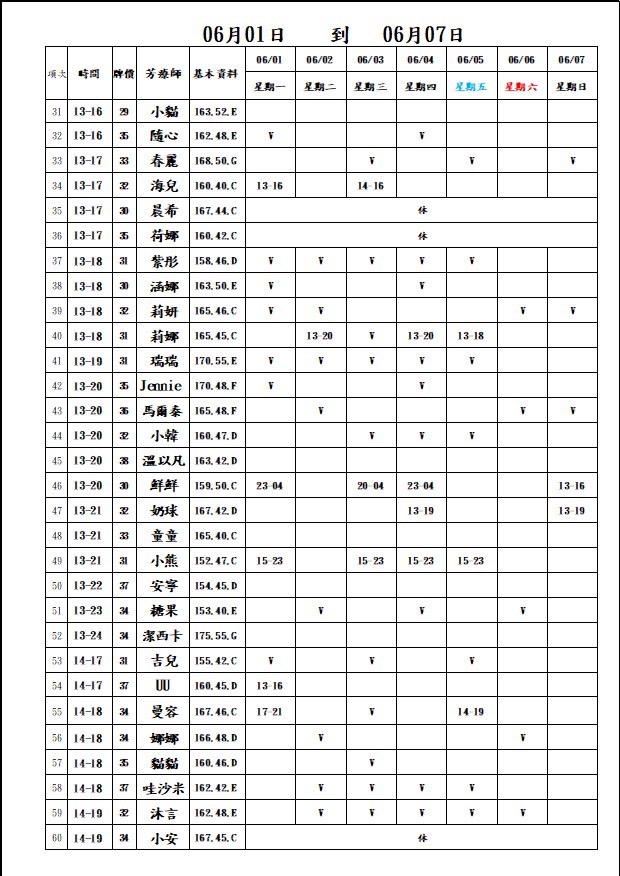 18館(夏威夷) 舒壓班表｜本周排班 2026/06/01~2026/6/7 第2張
