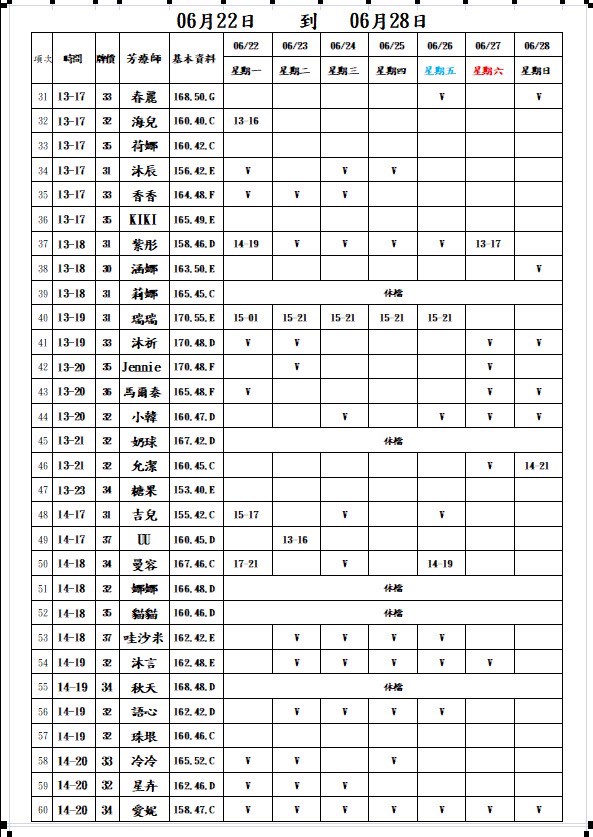 18館(長春會館) 舒壓班表｜本周排班 2026/06/22~2026/6/28 第2張