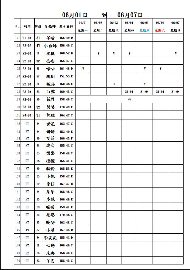 18館(夏威夷) 舒壓班表｜本周排班 2026/06/01~2026/6/7 第5張