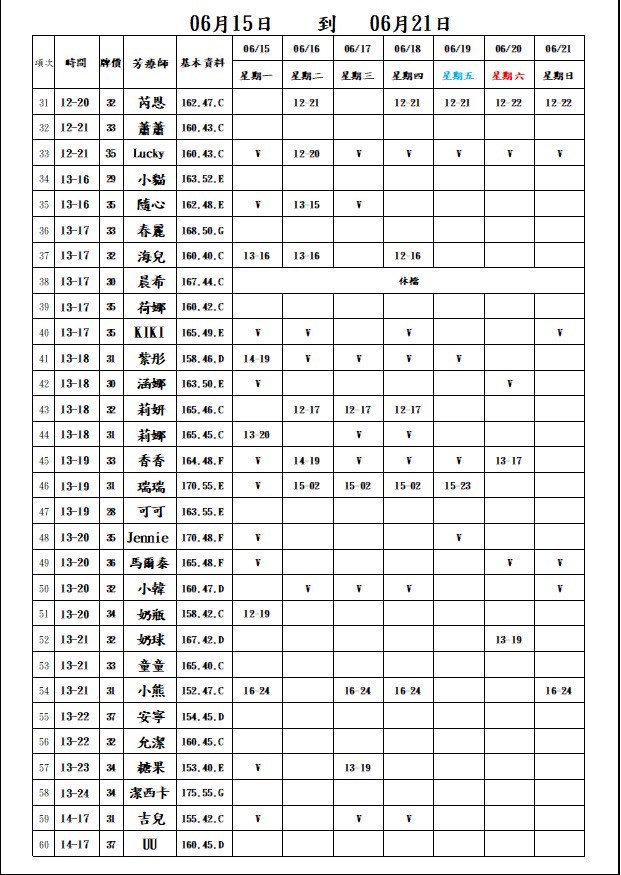 18館(夏威夷) 舒壓班表｜本周排班 2026/06/15~2026/6/21 第2張