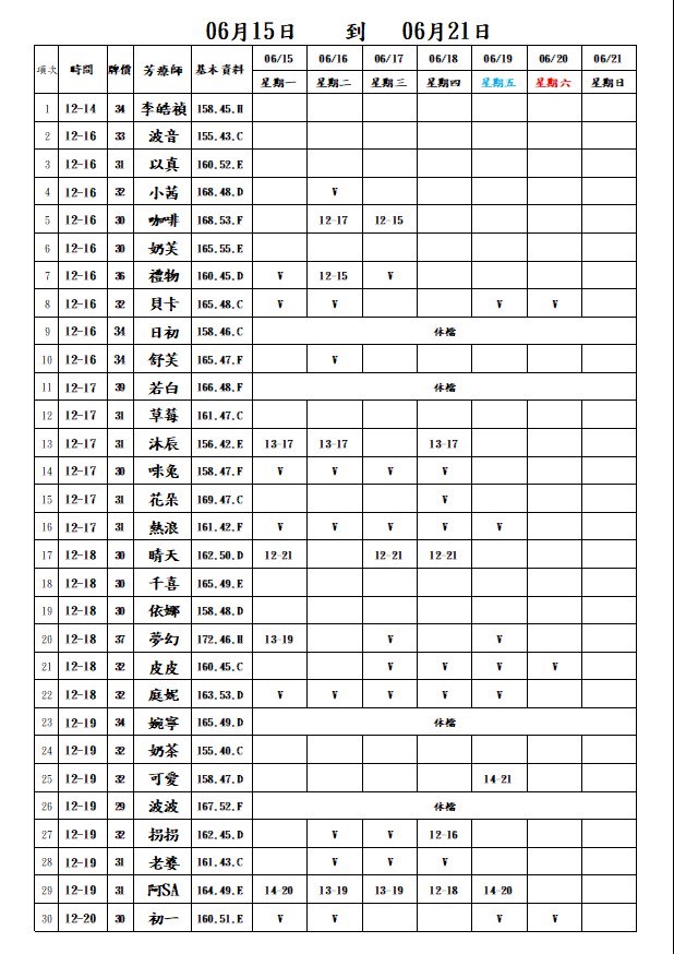 18館(夏威夷) 舒壓班表｜本周排班 2026/06/15~2026/6/21 第1張