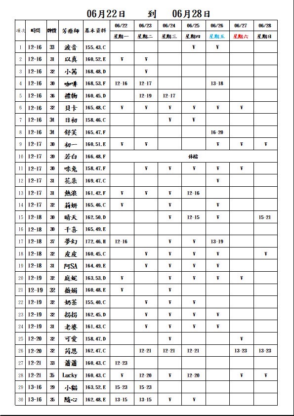 18館(長春會館) 舒壓班表｜本周排班 2026/06/22~2026/6/28 第1張