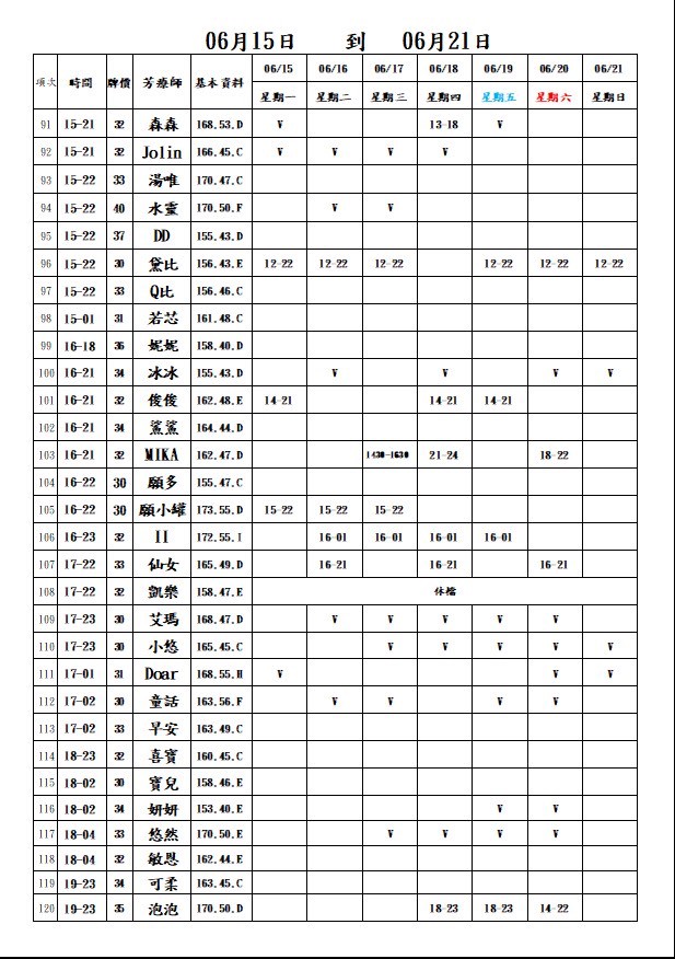 18館(夏威夷) 舒壓班表｜本周排班 2026/06/15~2026/6/21 第4張
