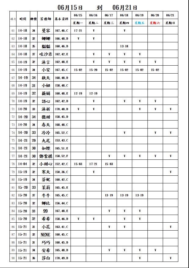 18館(夏威夷) 舒壓班表｜本周排班 2026/06/15~2026/6/21 第3張