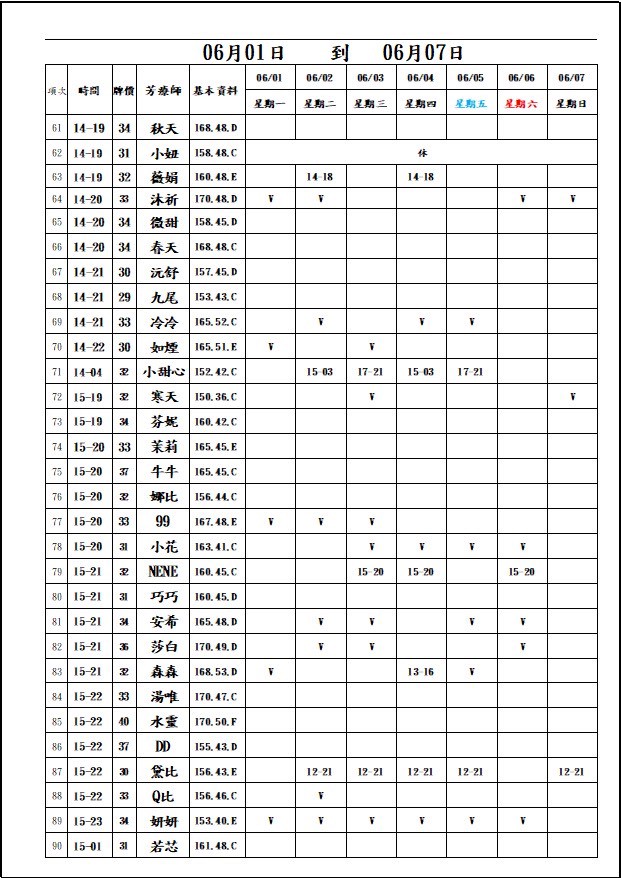 18館(夏威夷) 舒壓班表｜本周排班 2026/06/01~2026/6/7 第3張