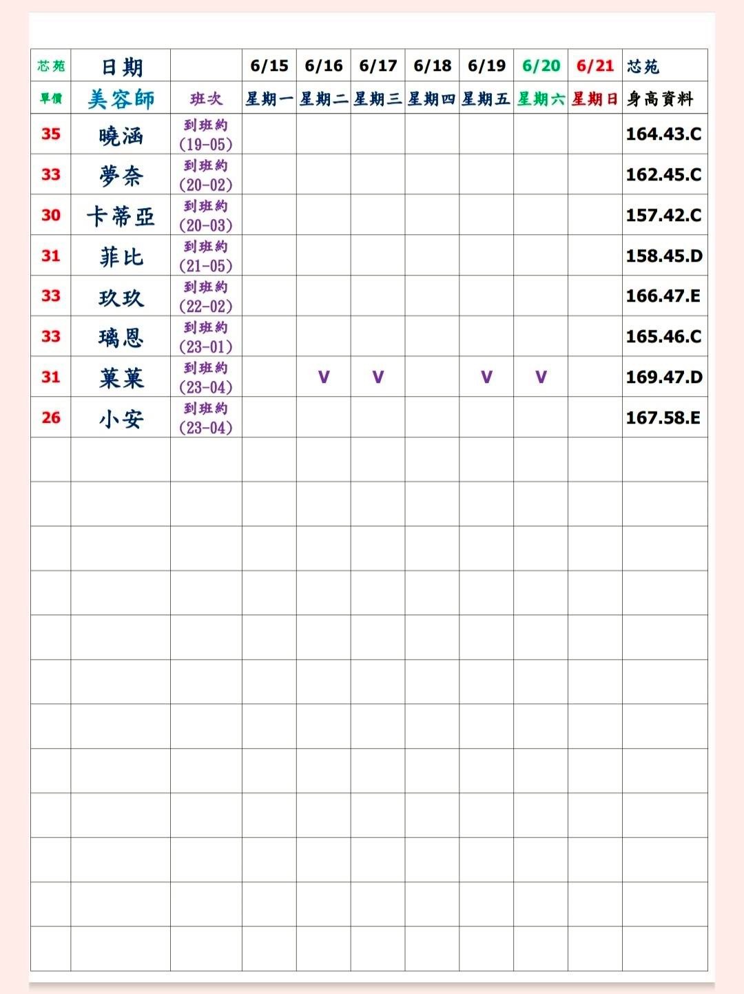20館(芯苑) 舒壓班表｜本周排班 2026/06/15~2026/6/21 第5張