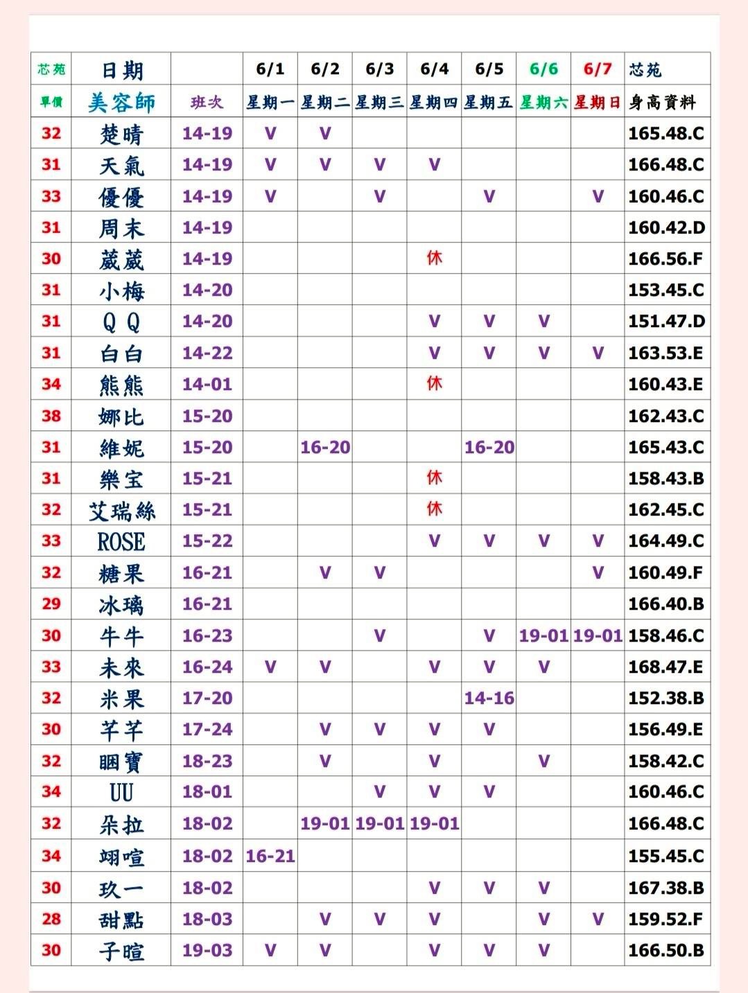 20館(芯苑) 舒壓班表｜本周排班 2026/06/01~2026/6/7 第2張