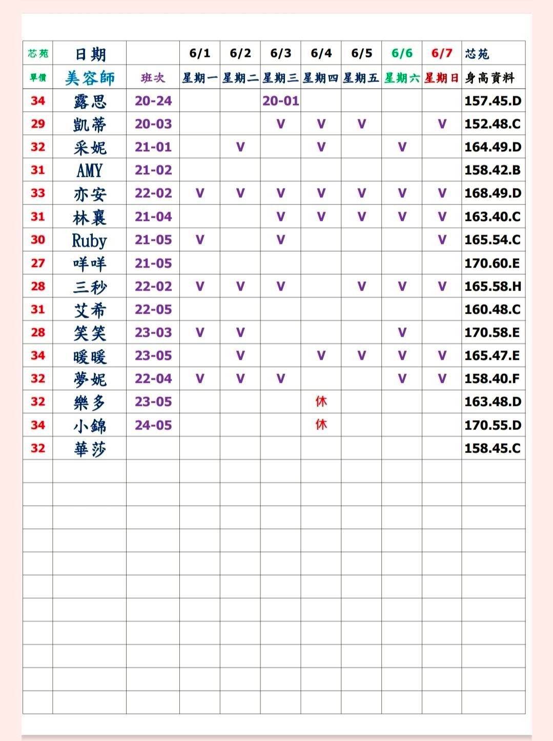 20館(芯苑) 舒壓班表｜本周排班 2026/06/01~2026/6/7 第3張