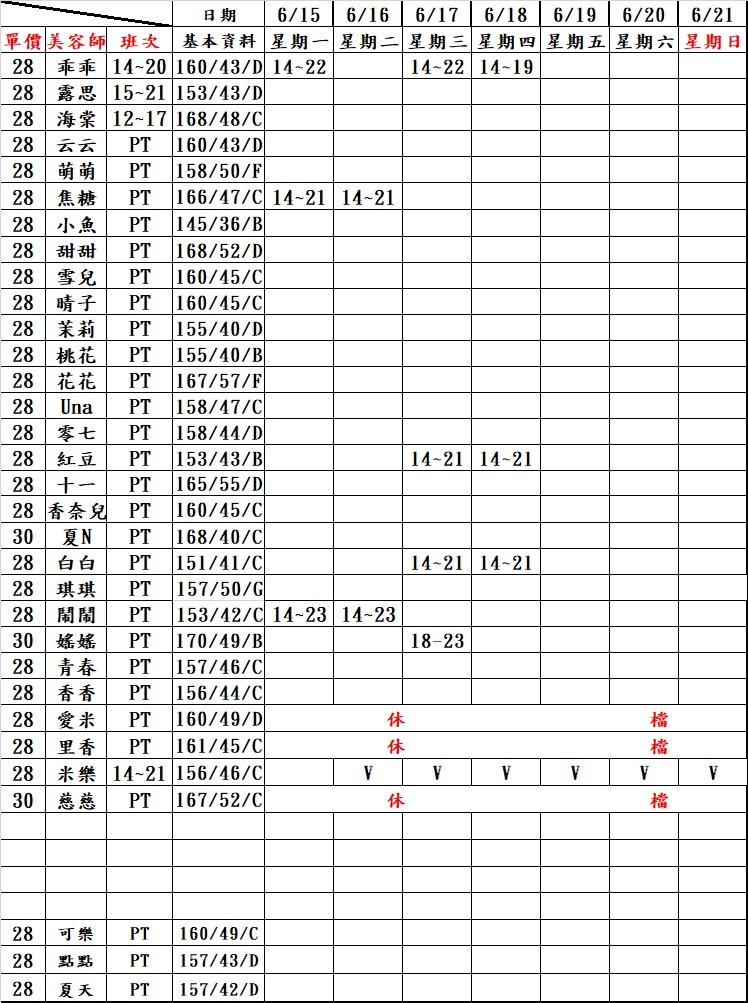 21館(新竹 真愛) 舒壓班表｜本周排班 2026/06/15~2026/6/21 第1張