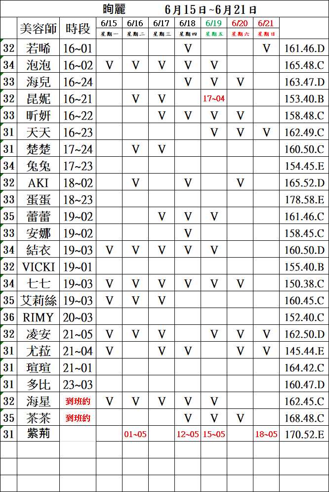 3館(㫬麗) 舒壓班表｜本周排班 2026/06/15~2026/6/21 第2張