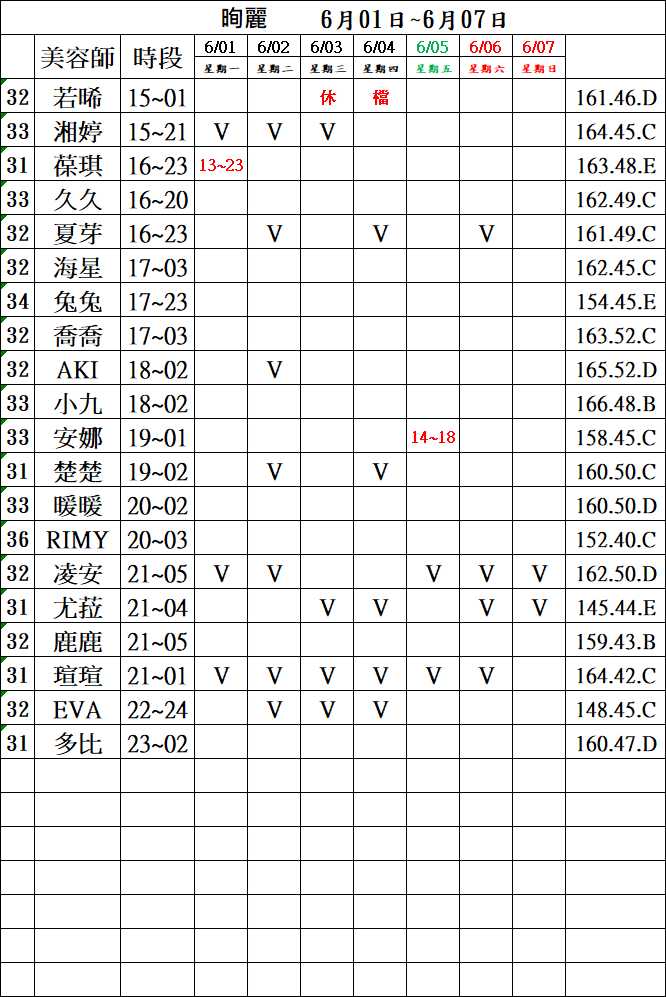 3館(㫬麗) 舒壓班表｜本周排班 2026/06/01~2026/6/7 第2張