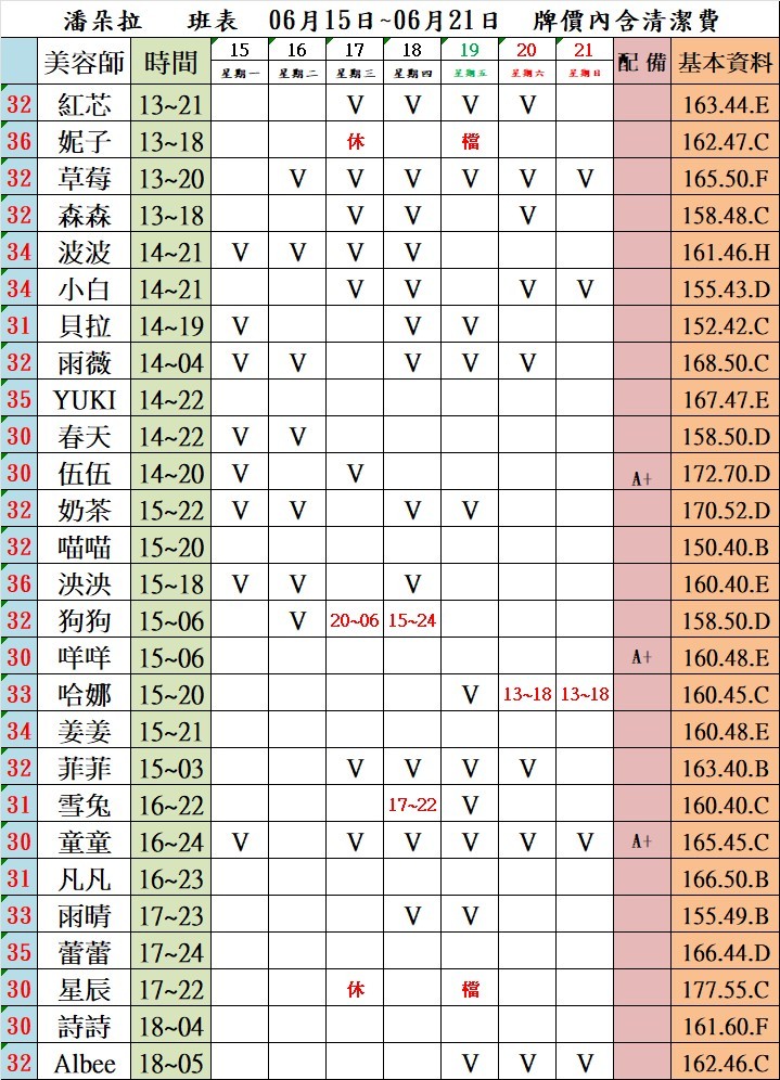4館(潘朵拉) 舒壓班表｜本周排班 2026/06/15~2026/6/21 第2張