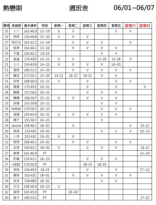 5館(熱戀期) 舒壓班表｜本周排班 2026/06/01~2026/6/7 第2張
