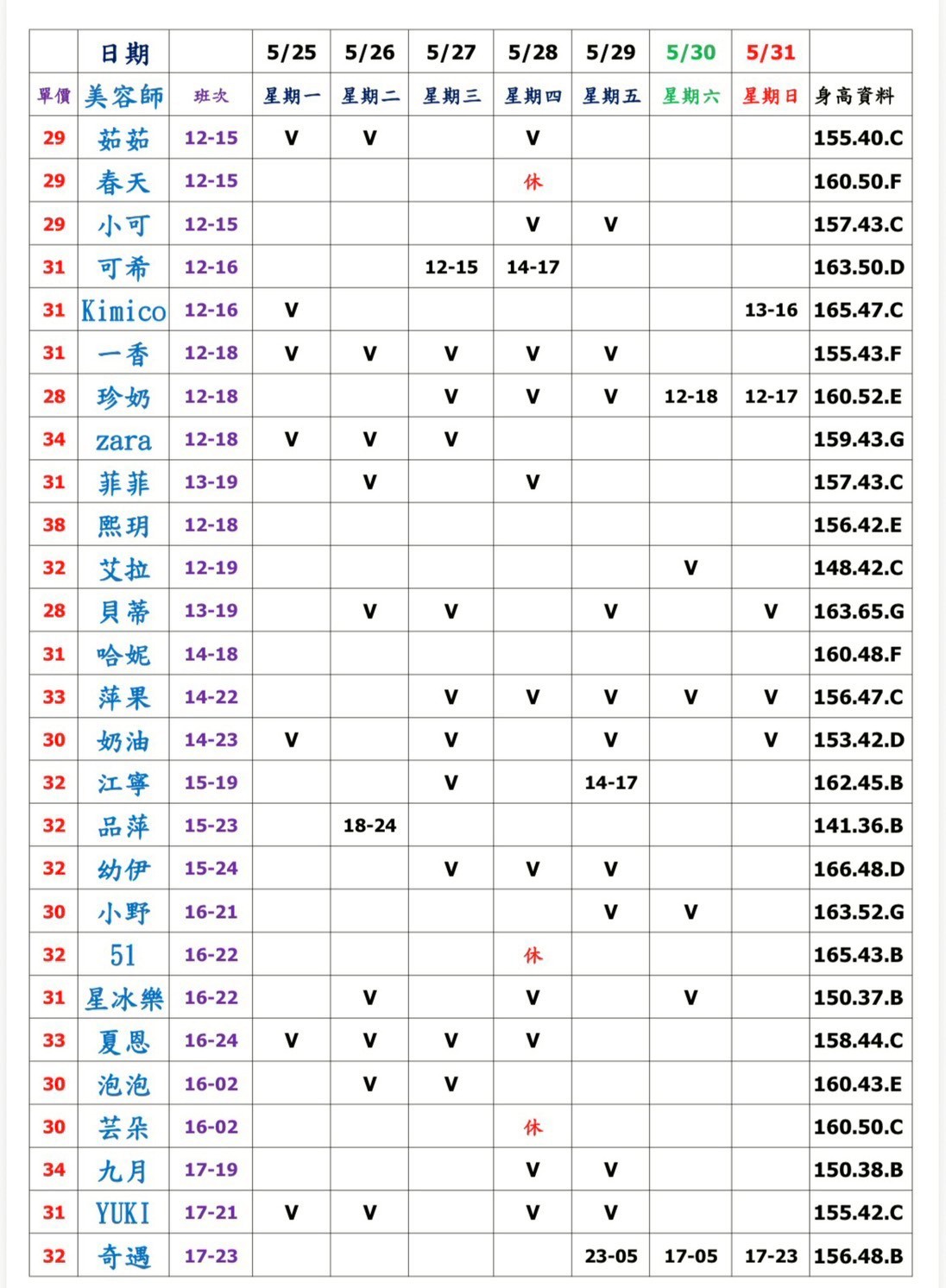 7館(姈園) 舒壓班表｜本周排班 2026/05/25~2026/5/31 第1張