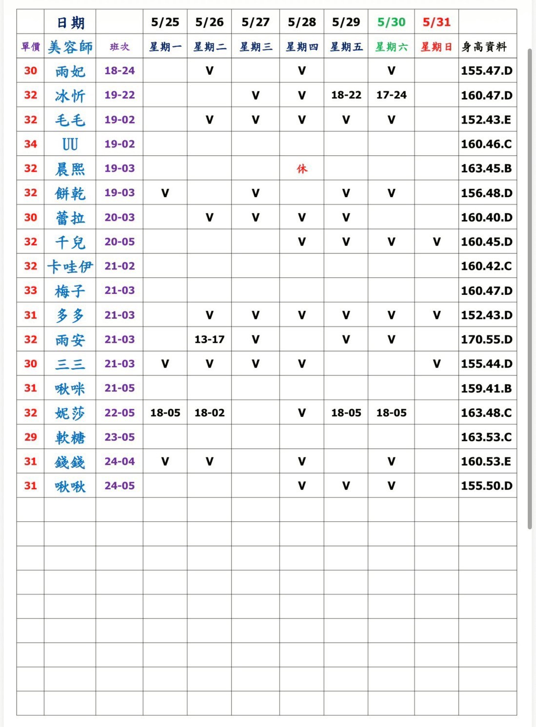 7館(姈園) 舒壓班表｜本周排班 2026/05/25~2026/5/31 第2張